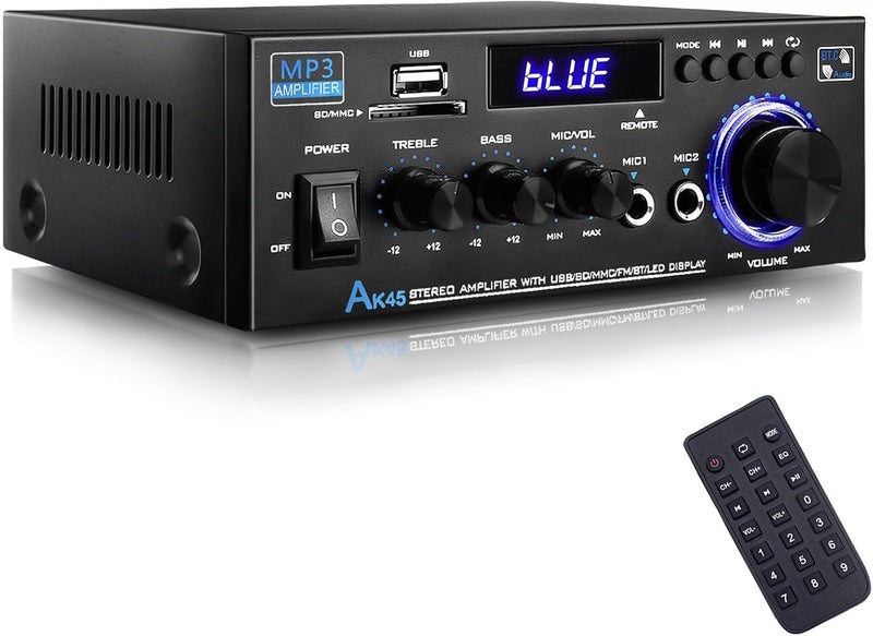WOOPKER AK45 Bluetooth 5.0 Amplifier Home Audio Stereo Receivers,Max 300W, 2.0 Channel Stereo Power Amplifie System with USB,SD Card,RCA,2 MIC in, Home Amp for Home Theater Speakers,Studio, Karaoke - Image 1